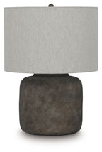 Zandophen metal table lamp with beige drum shade and antique gray textured base