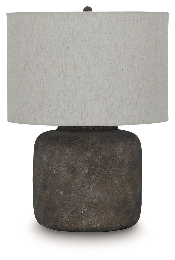 Zandophen metal table lamp with beige drum shade and antique gray textured base