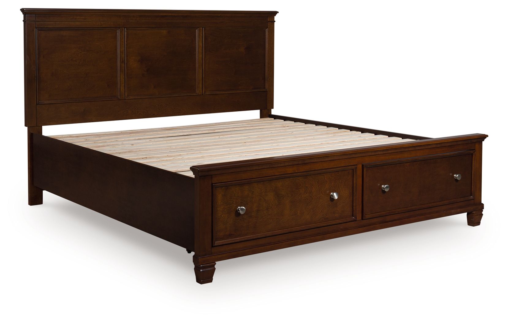 Dark brown panel bed with two storage drawers in the footboard and wood slat base.