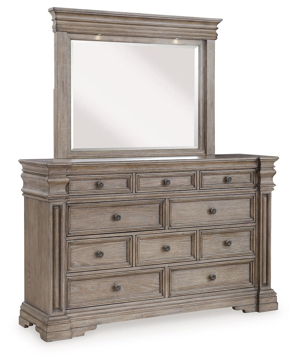 Grayish brown dresser with rectangular mirror, multiple drawer fronts and bun feet