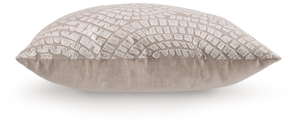 Beige and ivory patterned throw pillow with envelope back, side view
