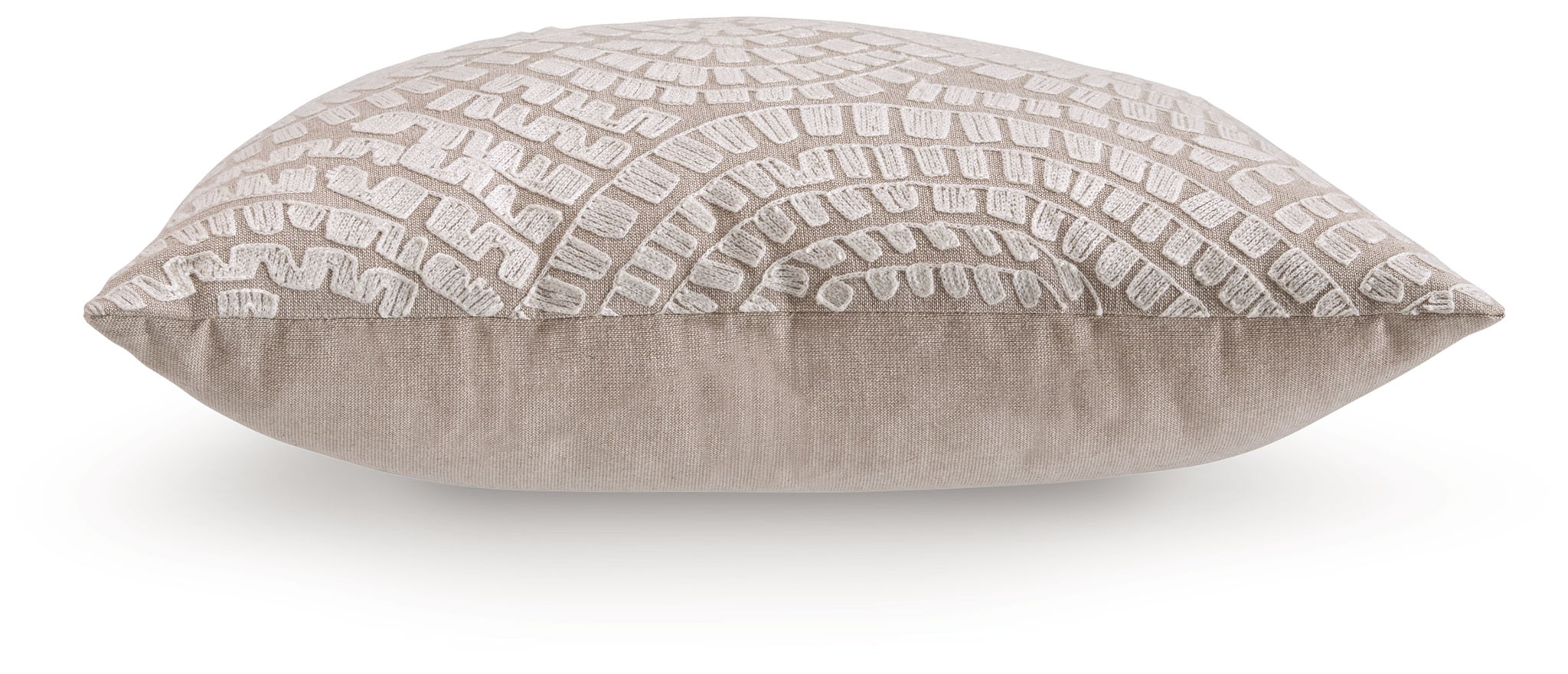 Beige and ivory patterned throw pillow with envelope back, side view