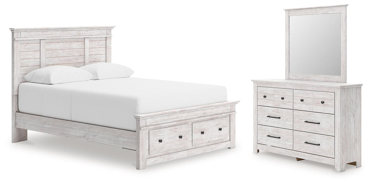 White wood storage bed with under-drawer storage and matching dresser with mirror