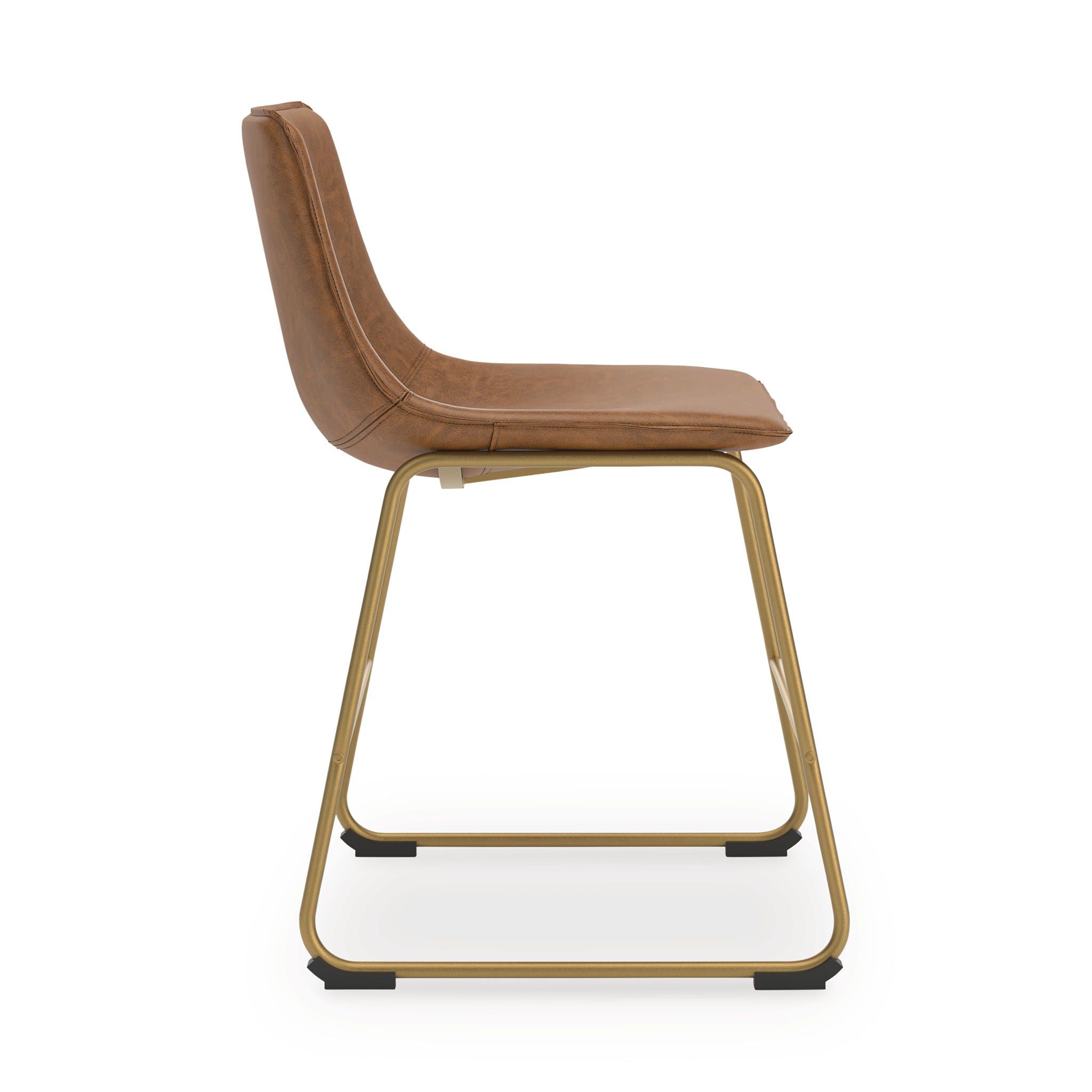 Dining side chair with brown upholstered seat and back, gold metal sled base