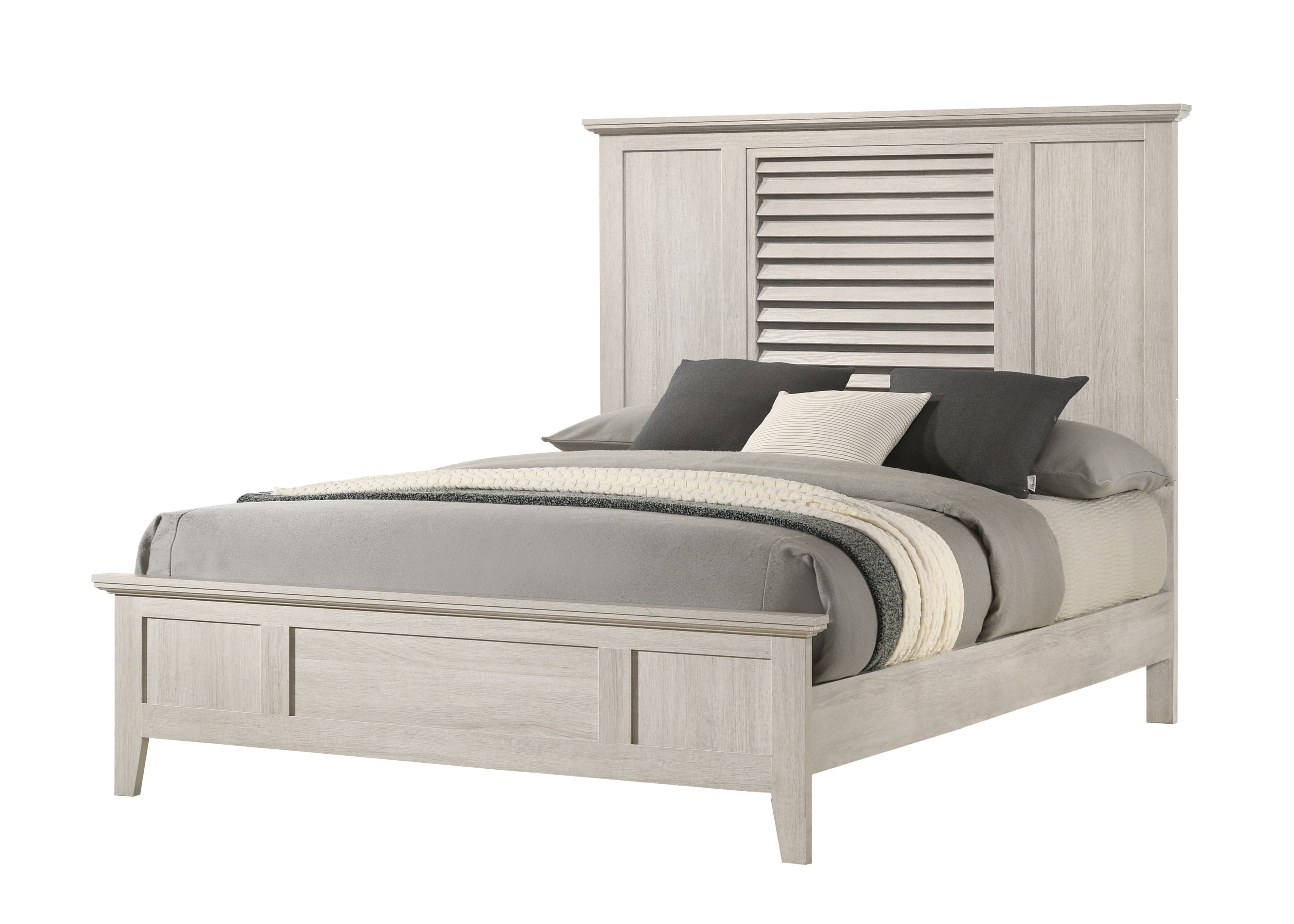 Contemporary King Bed: Light Wood, Louvered Headboard, Beige Finish