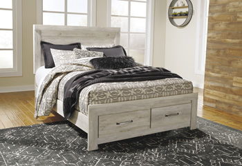 Whitewashed platform bed frame with drawers and rails, queen/king size