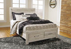Whitewashed platform bed frame with drawers and rails, queen/king size