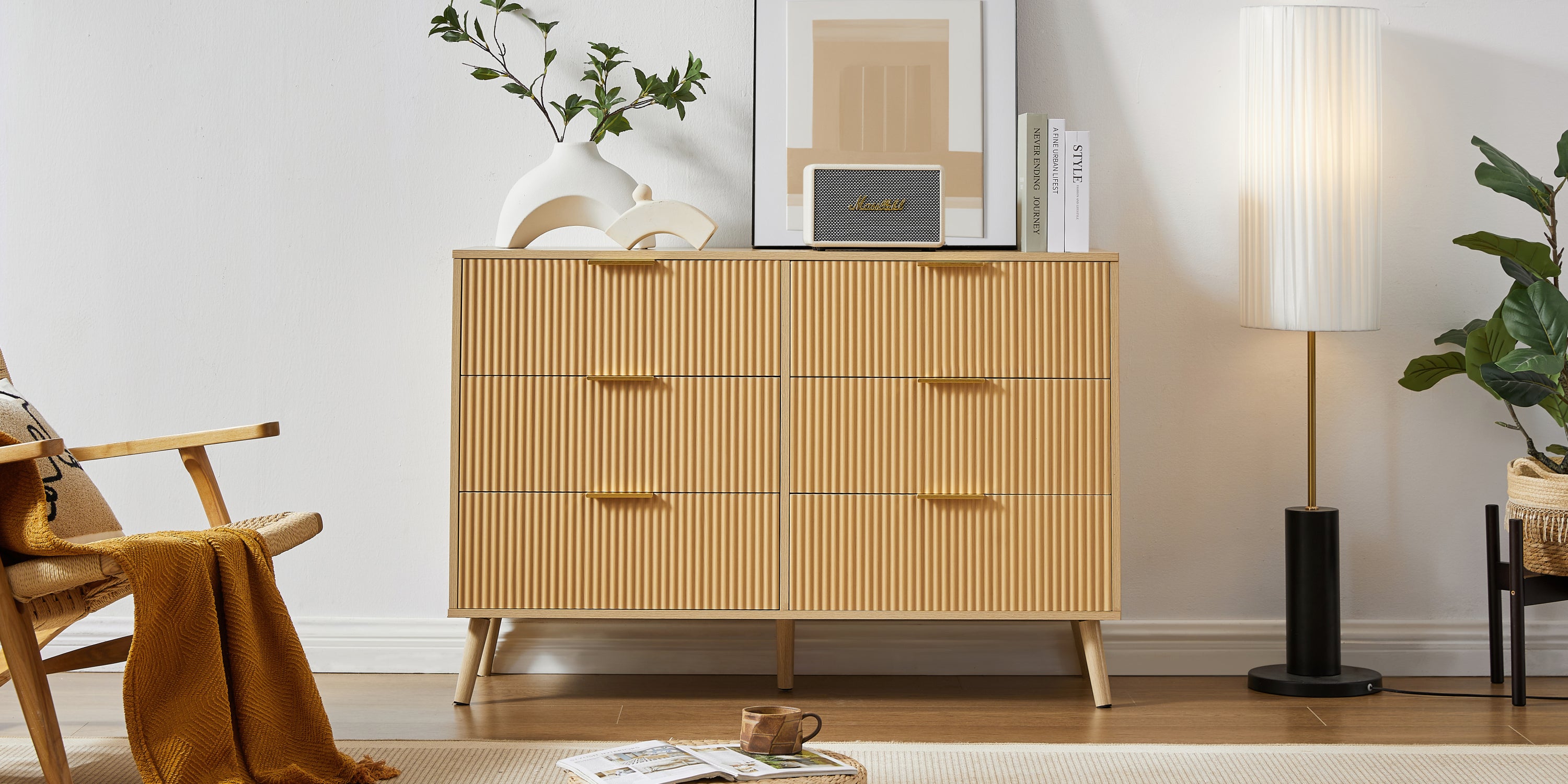 Wavy Drawer Dresser - 6 Drawers - Natural Wood