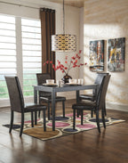 Set of dining side chairs in dark brown upholstery with square tapered legs