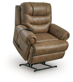 Medium tan leather-look power lift recliner with lift base and rounded side cushions