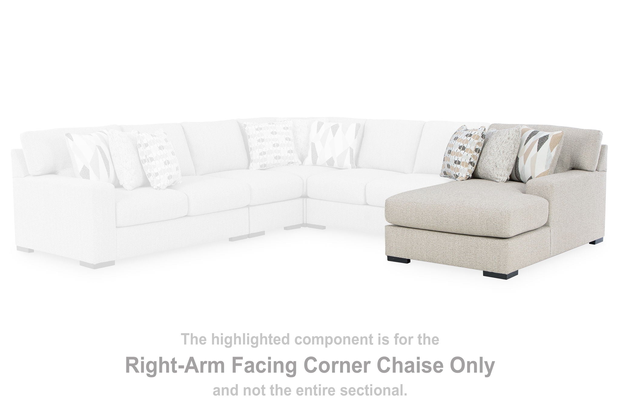 White sectional sofa with right-arm facing corner chaise extension and cushions