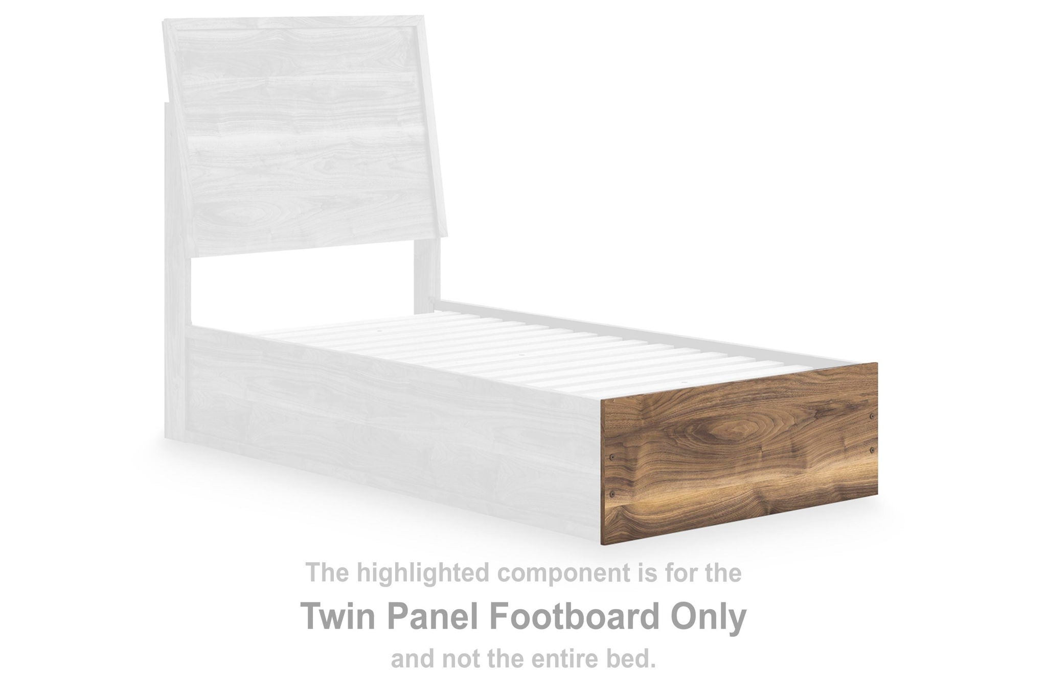 Twin panel footboard with brown wood panel and slatted front for twin bed
