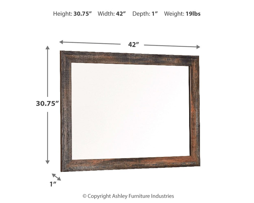 Bedroom mirror with rectangular dark brown frame and beige distressed edging