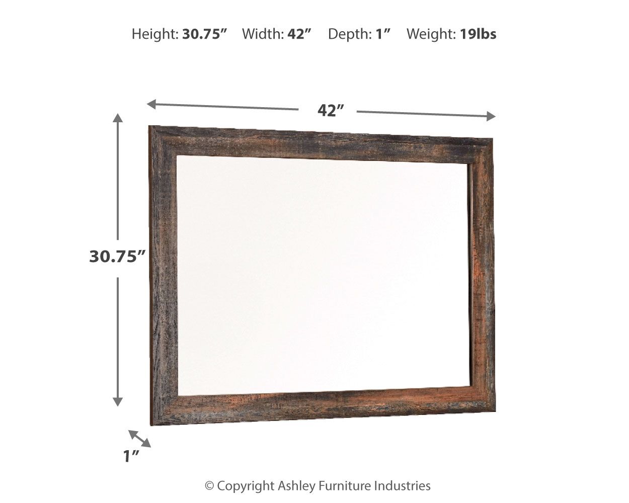 Bedroom mirror with rectangular dark brown frame and beige distressed edging