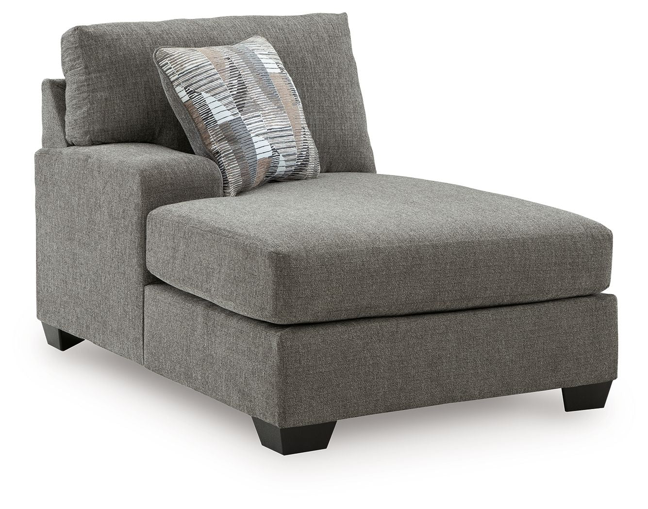 Greystone corner chaise with textured gray fabric and two accent throw pillows
