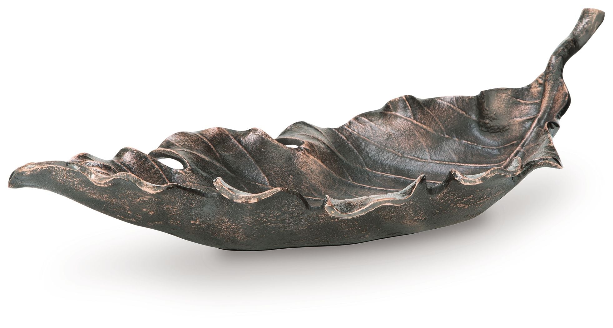 Antique copper leaf-shaped sculpture bowl with raised veins and curved rim