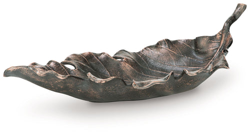 Antique copper leaf-shaped sculpture bowl with raised veins and curved rim