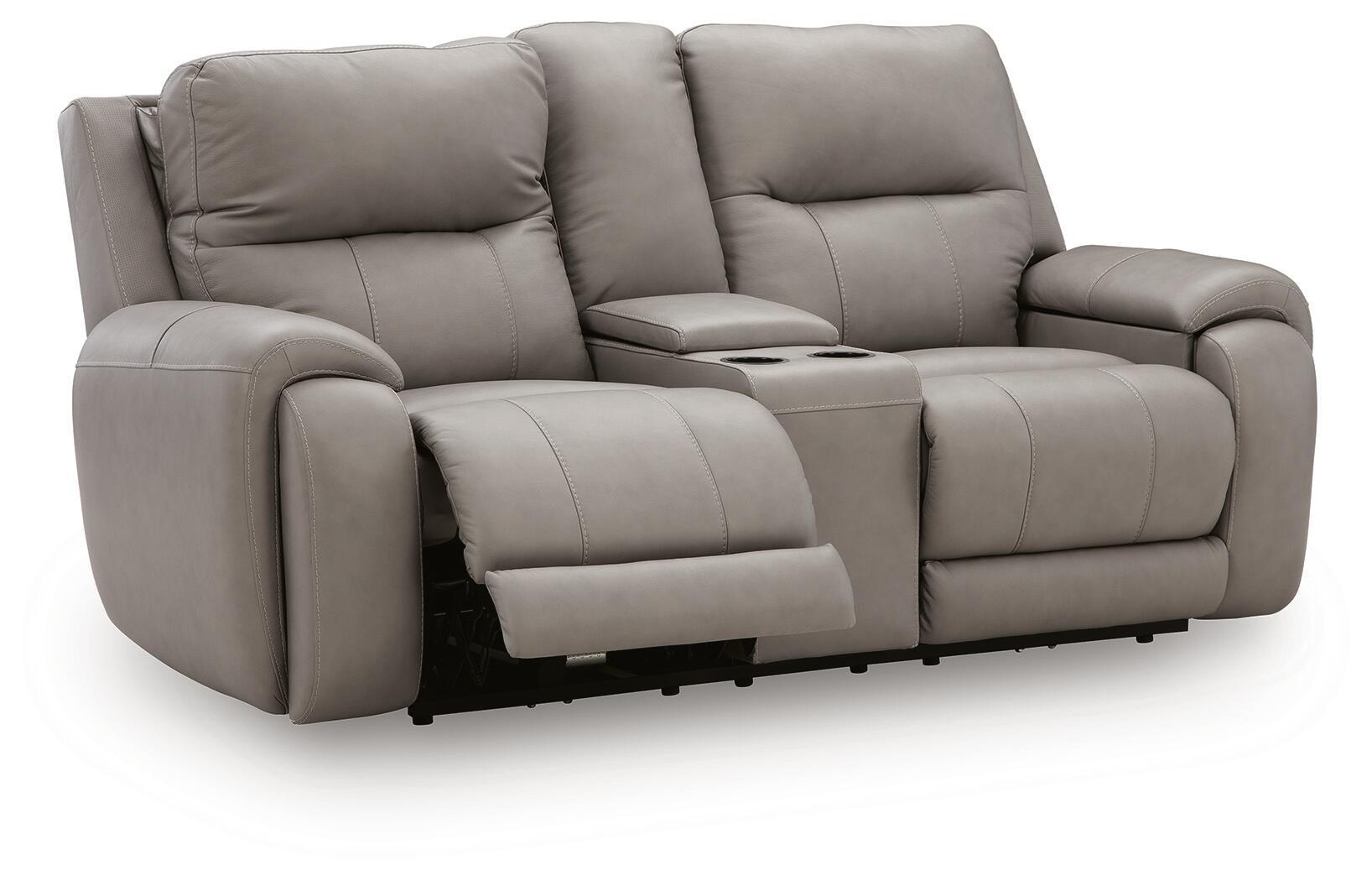Gray power reclining loveseat with extended footrests and padded arms
