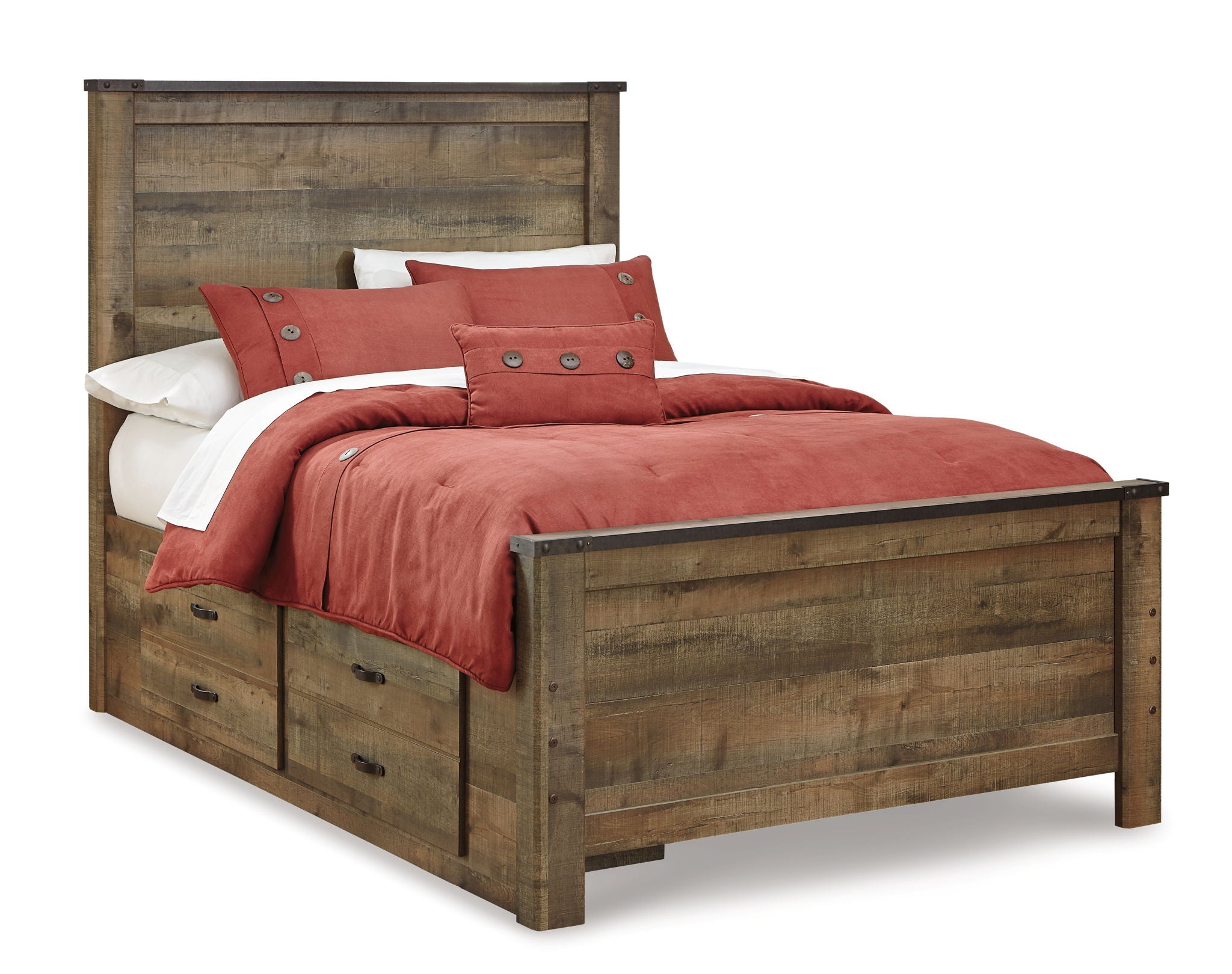 Panel bed with dark brown wood frame, paneled headboard, and coral bedding with pillows