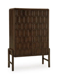 Brown accent cabinet with woven basket-style front panels and four tapered legs