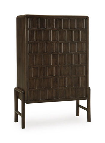 Brown accent cabinet with woven basket-style front panels and four tapered legs