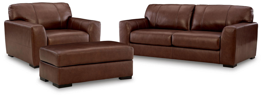 Brown leather 3-piece sofa, oversized chair, and ottoman set