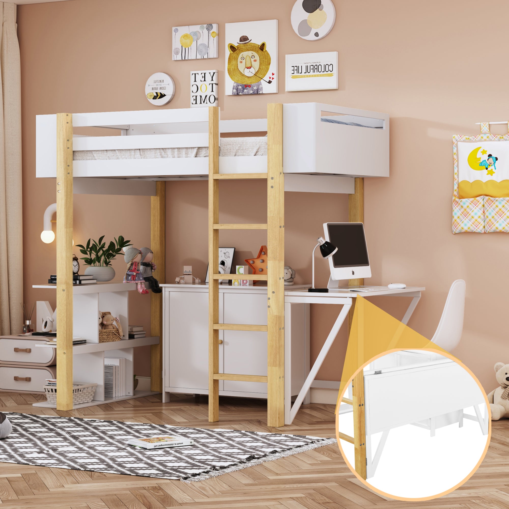 White Twin Wood Loft Bed w/ Built-in Storage, Desk & Cubbies