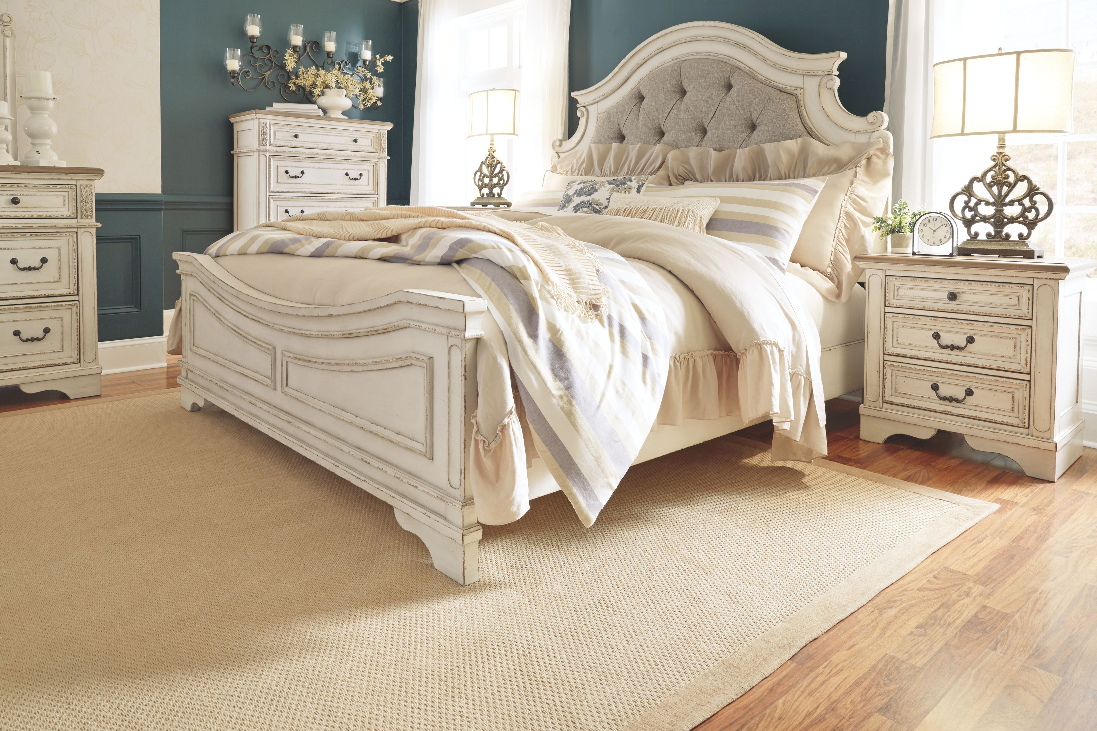 Realyn panel bedroom set bed with padded headboard and matching white nightstand
