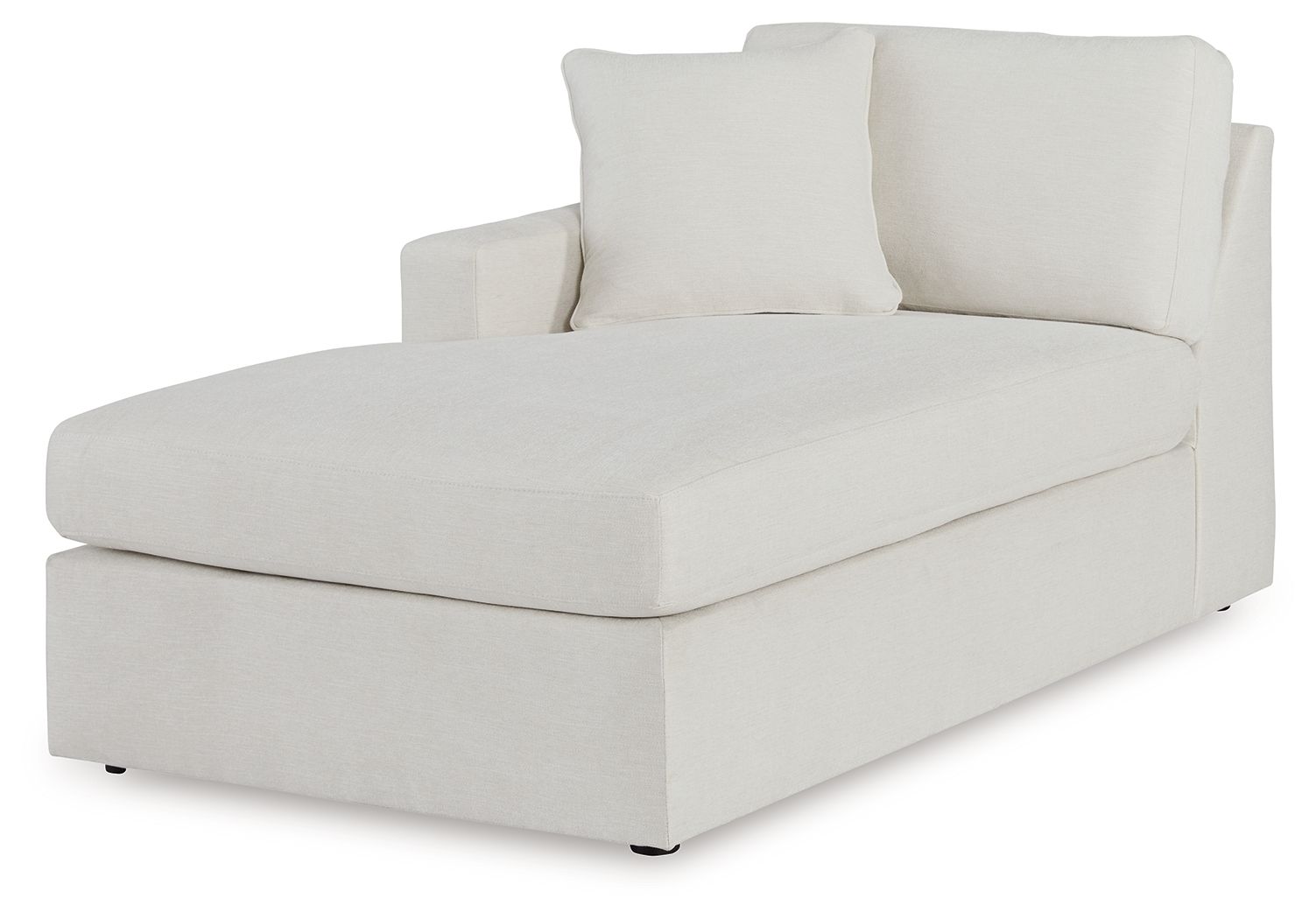 Corner chaise with light oyster upholstery, deep seat and two tall back pillows