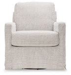 Pearl silver upholstered swivel glider accent chair front view with tall back cushion