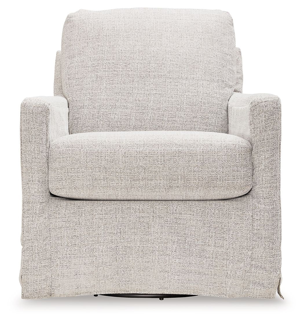 Pearl silver upholstered swivel glider accent chair front view with tall back cushion