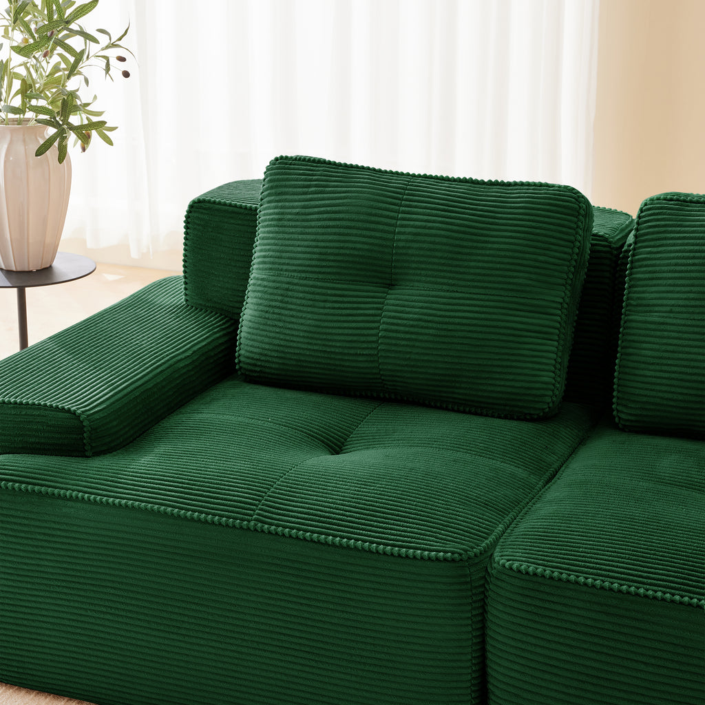 Green corduroy modular sectional seat with backrest and side chaise cushion