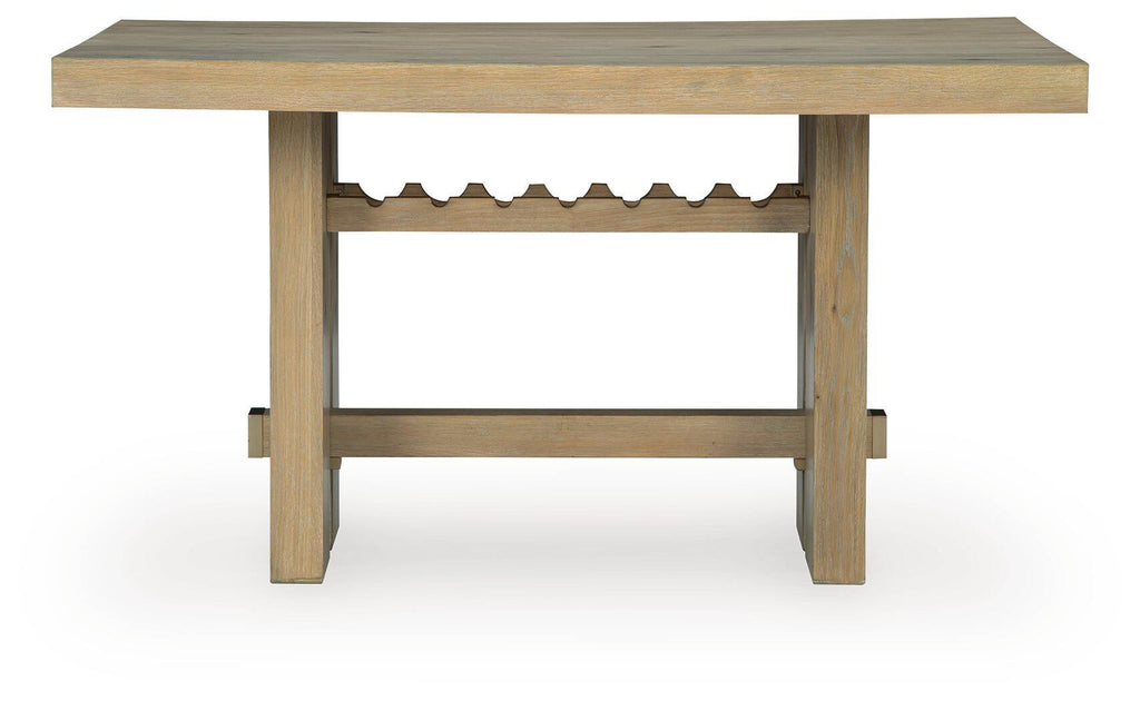 Rectangular dining table with light brown wood top and two-tier open support
