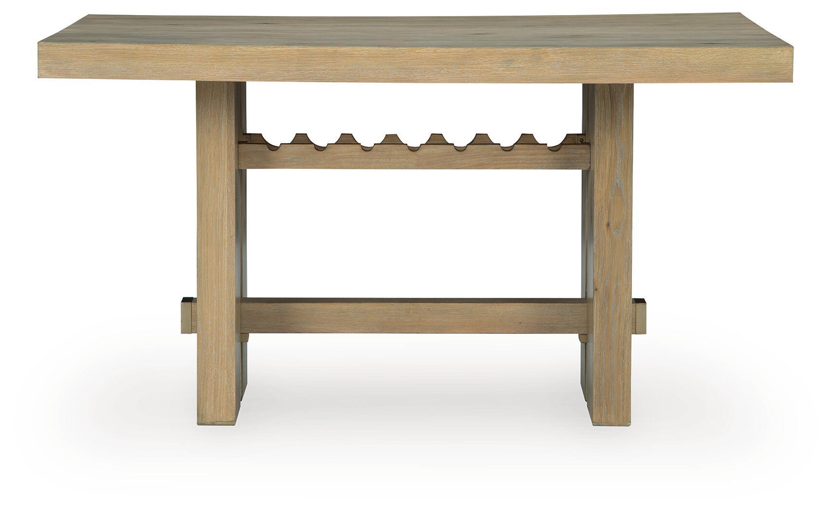 Rectangular dining table with light brown wood top and two-tier open support