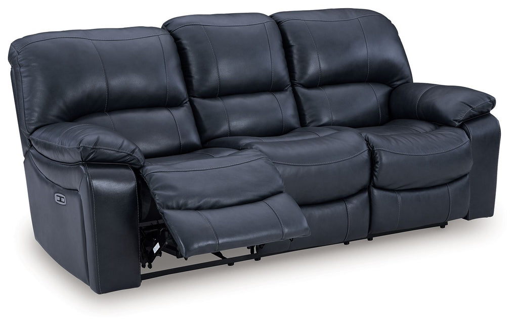 Navy blue reclining sofa with split seats, padded armrests, and visible footrests