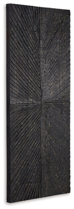 Antique black wall decor panel with vertical sections and central starburst etched texture