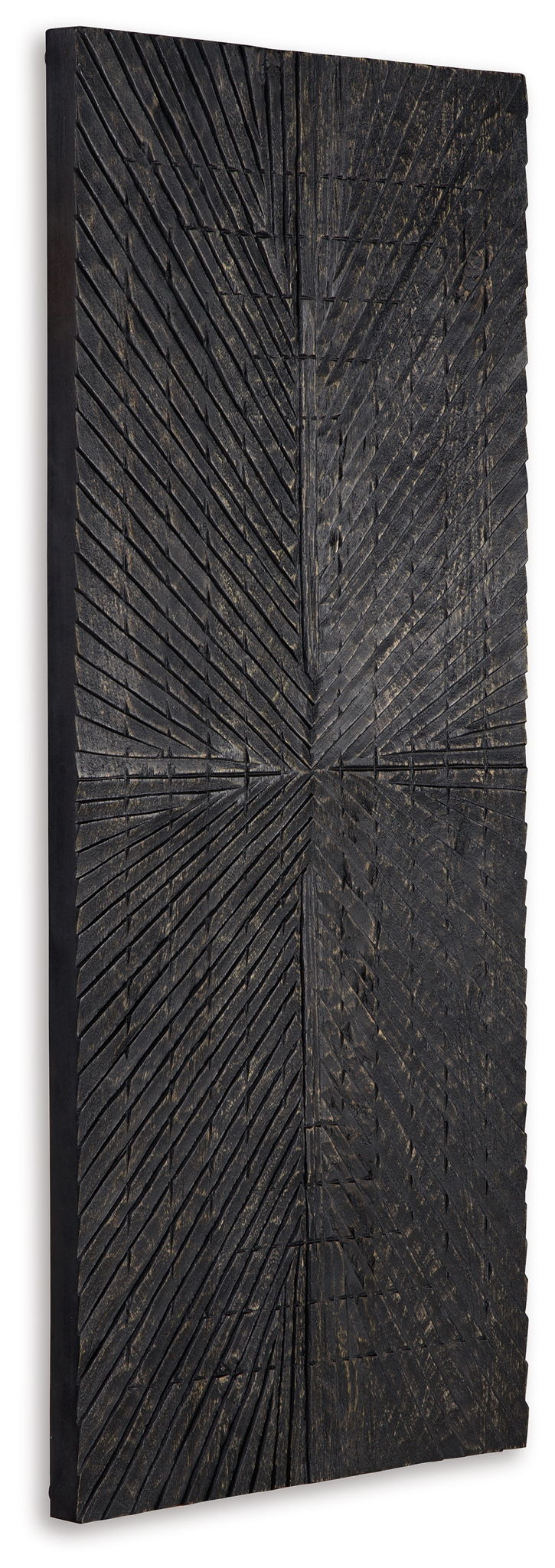 Antique black wall decor panel with vertical sections and central starburst etched texture