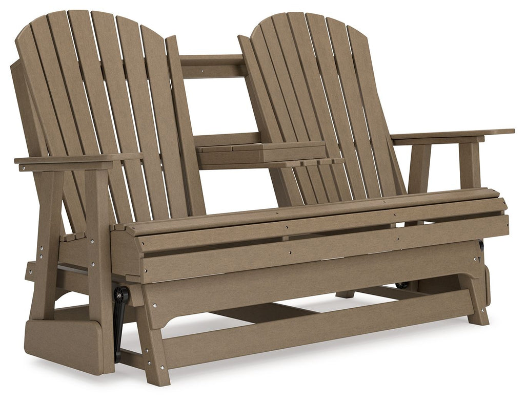 Dark brown glider loveseat angled view with curved slat back and bench seat