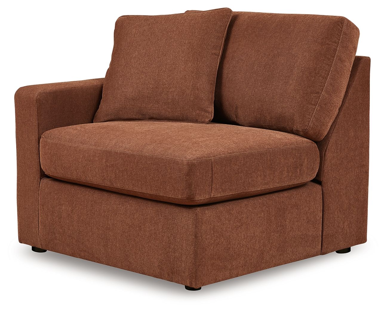Brown fabric corner chair with two square back cushions and rounded armrests