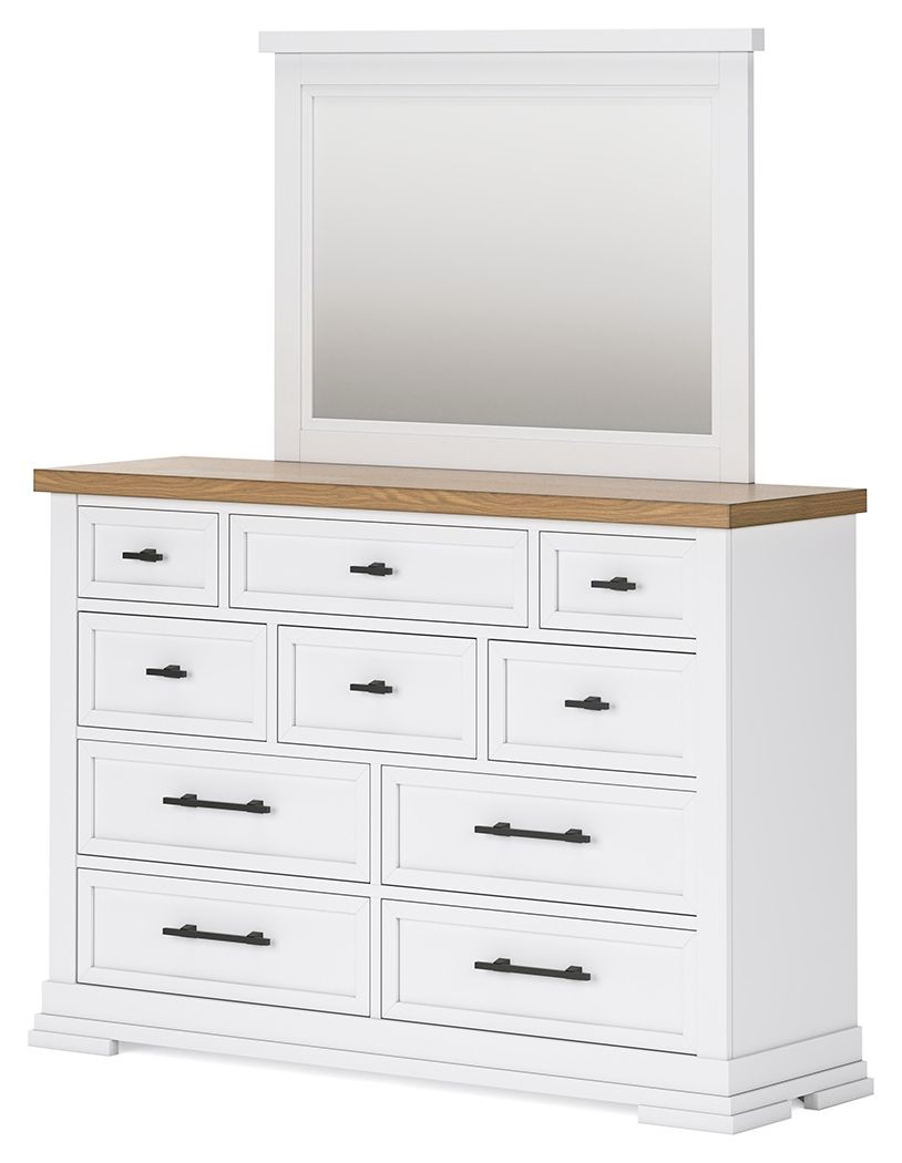 White dresser with mirror and light wood top, multi-drawer front with black bar pulls