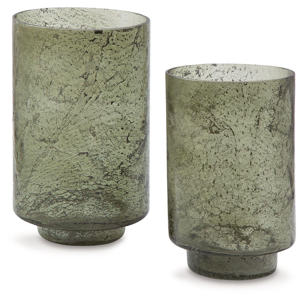 Clarkton green candle holder set (2): textured glass cylinder holders with open tops