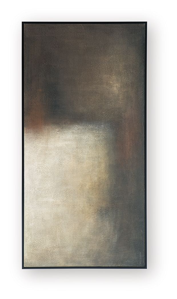 Abstract rectangular wall art with dark gray, rust, and cream textured background, framed
