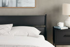 Socalle panel headboard, dark finish with horizontal slats and raised side posts.