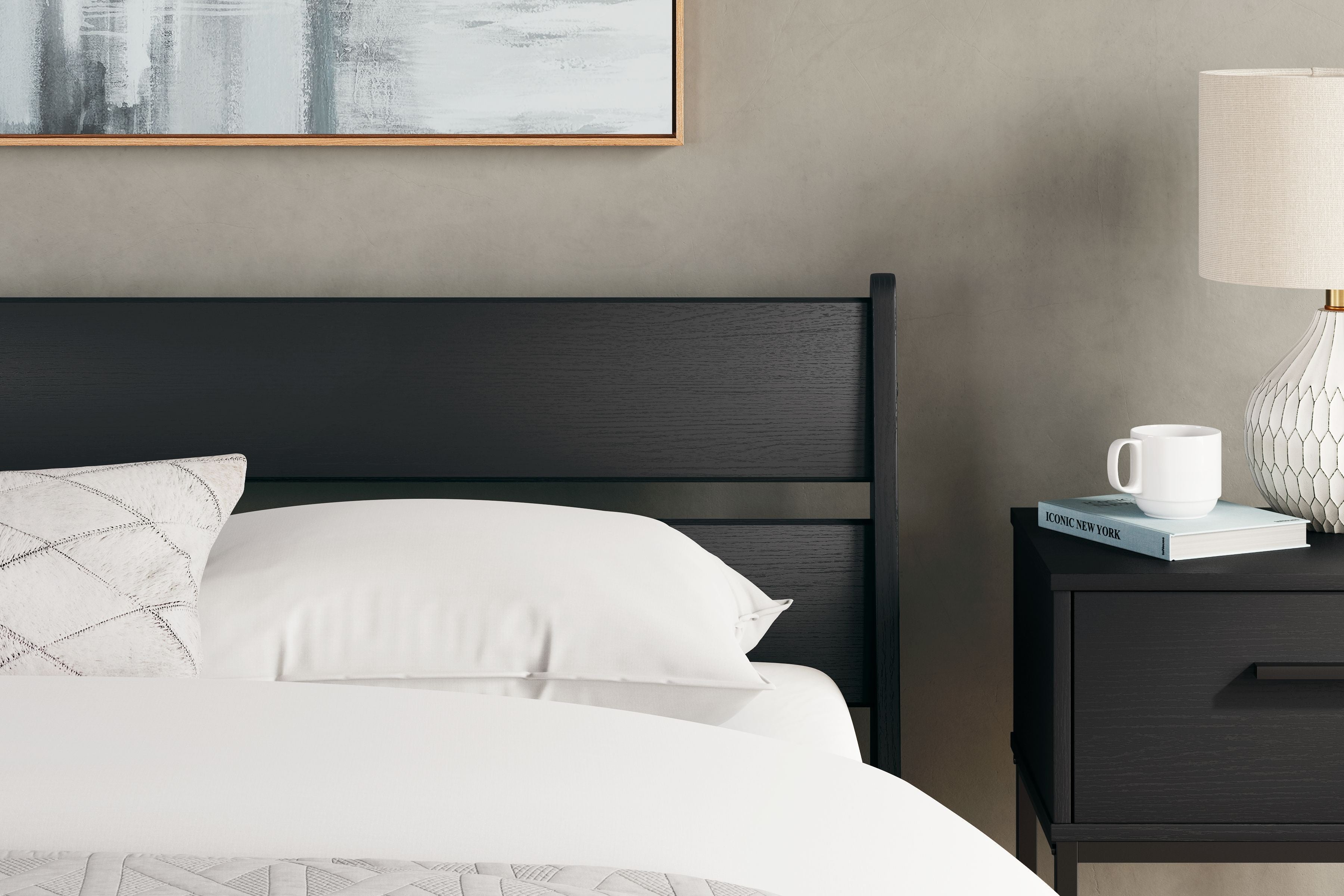 Socalle panel headboard, dark finish with horizontal slats and raised side posts.