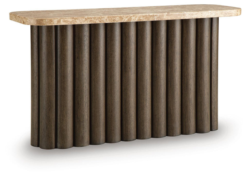 Wood side table with textured light top and vertical ribbed pedestal base