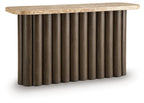 Wood side table with textured light top and vertical ribbed pedestal base
