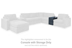 Fabric console with storage, dark blue upholstered component within a sectional
