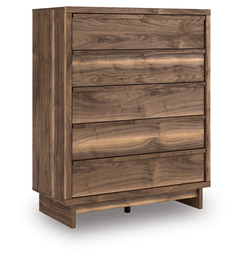 Brown five-drawer wide chest with wood-grain drawer fronts and recessed pulls