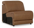 Caramel upholstered armless chair with manual headrest and cushioned seat