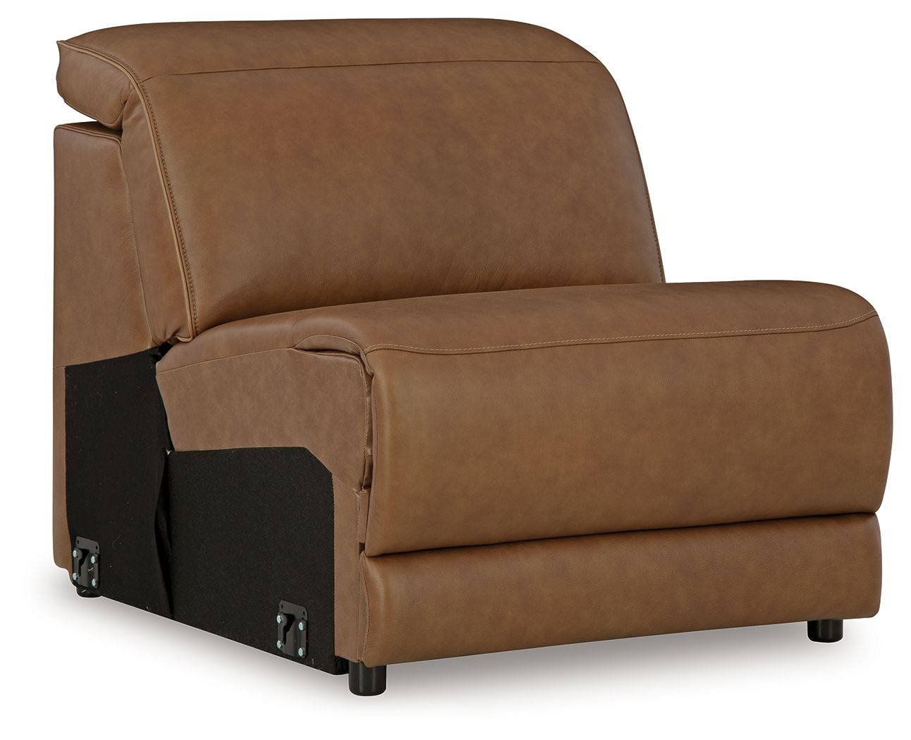 Caramel upholstered armless chair with manual headrest and cushioned seat